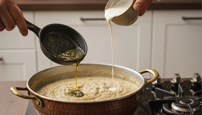 اضافه کردن ادویه و کشک به حلیم بادمجان